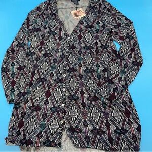 About A Girl Womens Aztec V Neck Tunic Top Button Long Sleeve Blouse Size XL
